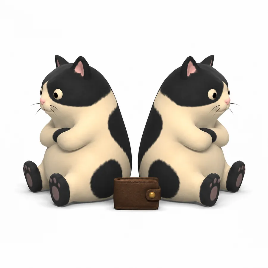 The two cats sitting back to back with the wallet between them